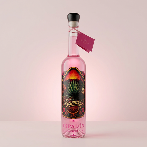 Mezcal Barmor con fondo limpio e iluminación rosa