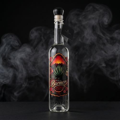 Mezcal Barmor con fondo negro y humo suave, sin sal de gusano