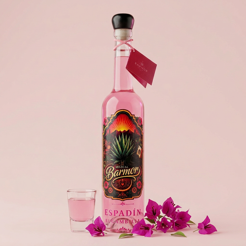 Mezcal Barmor con shotcito y flores de bugambilia