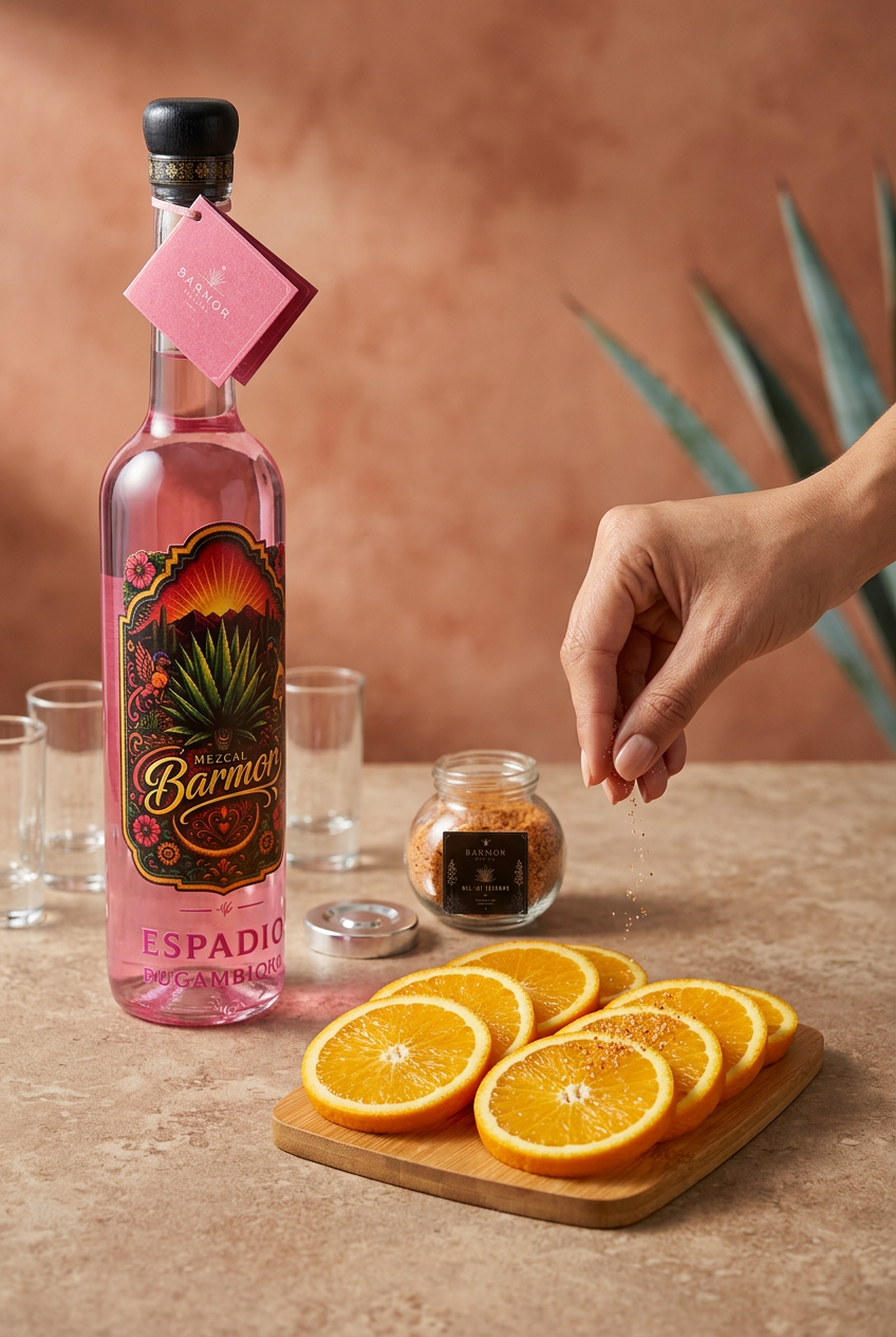 Mezcal Barmor con una mano espolvoreando sal de gusano sobre naranjas