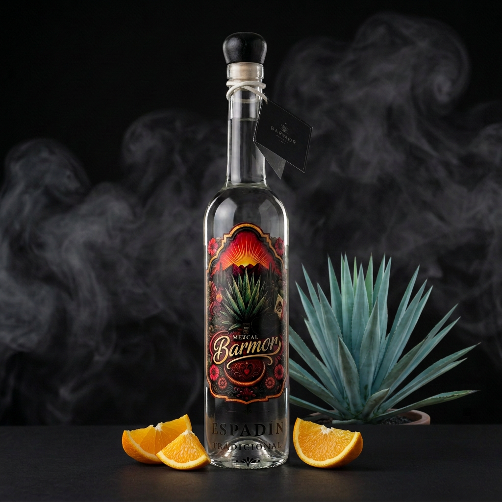 Mezcal Barmor en toma cercana con agave y gajos de naranja